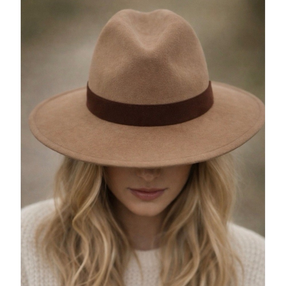 Free People Tan Wool Wide Brim Fedora Hat Brown Ribbon Band OS